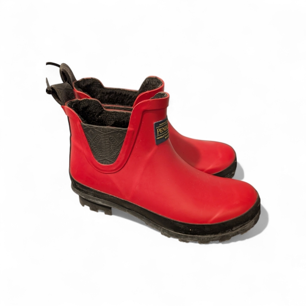 Pendleton Red Waterproof Rubber Chelsea Rain Boots • Fleece Lined • Women’s 7